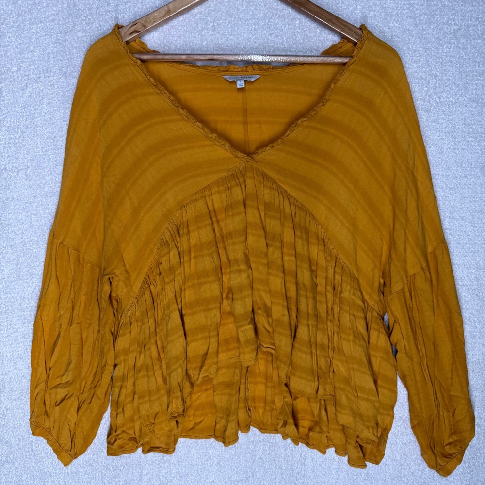 Lucky Brand Womens L Mustard Ruffle Peasant Blouse Boho V Neck Flowy Top